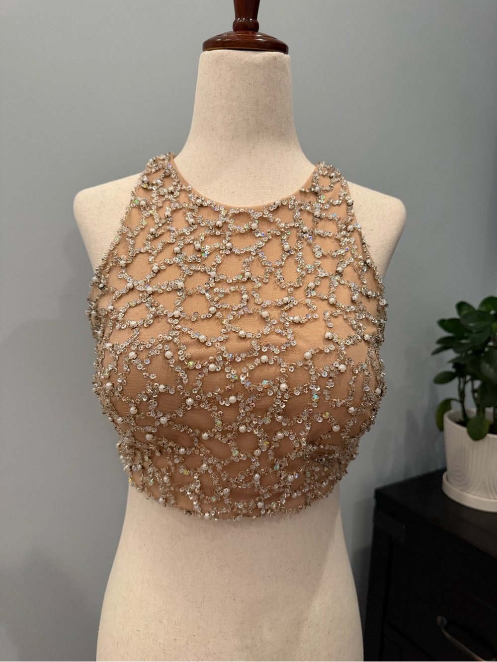 Terani Couture Nude Beaded Halter Crop Top